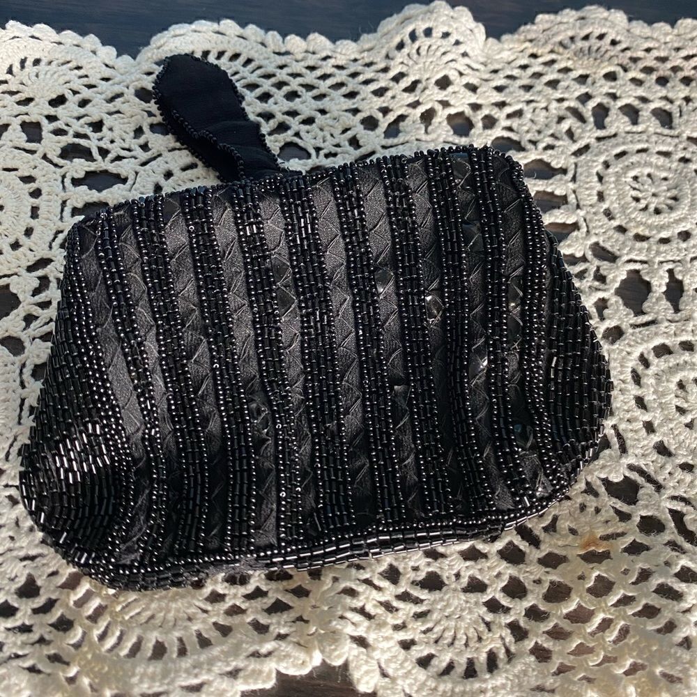 Evening bag vintage beaded with black beads all over Beautiful condition